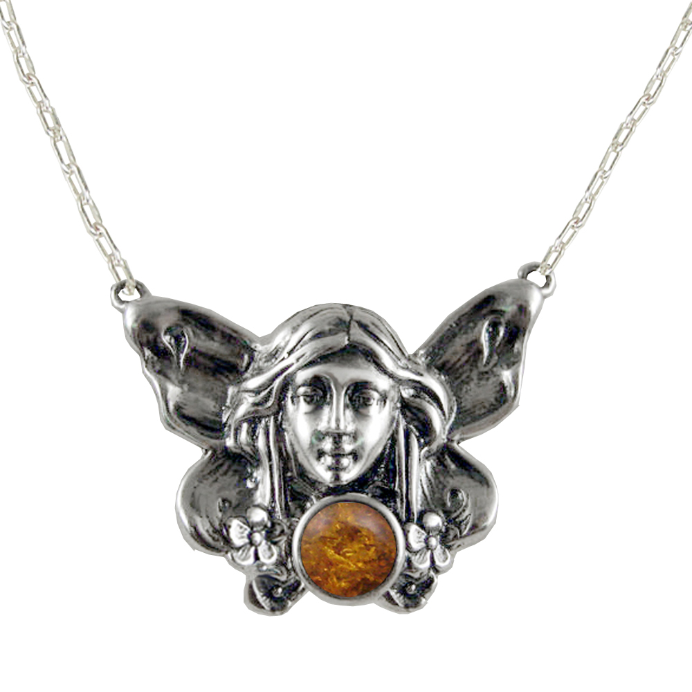 Sterling Silver Victorian Winged Fairy Necklace With Amber